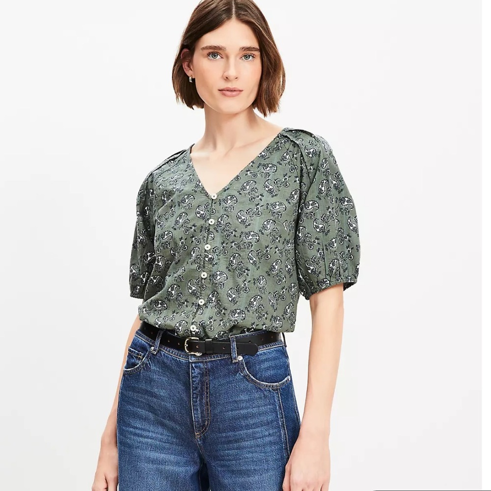 LOFT Paisley Bubble Sleeve Mixed Media Blouse (M)